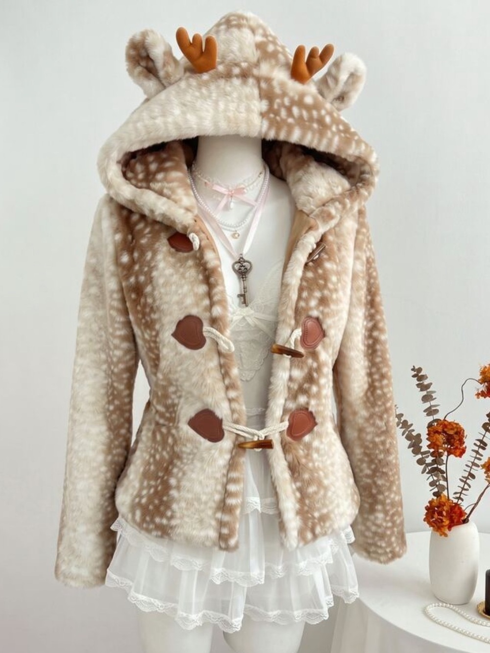 Fawn Print Faux Fur Hooded Coat with Toggle Closures